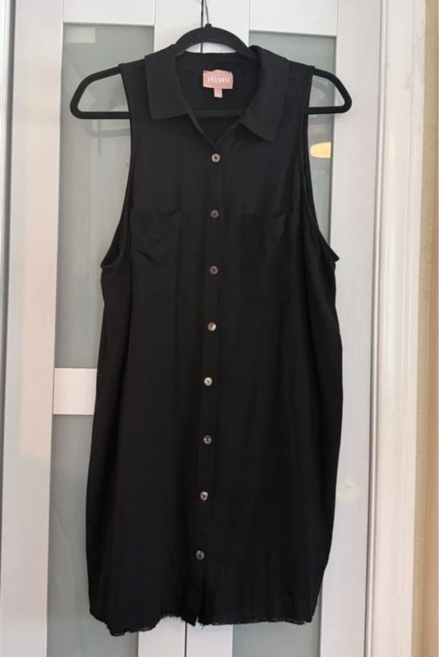 Show Me Your Mumu Black Linen Blend Button Front Shirt Dress Raw Hem Size L
